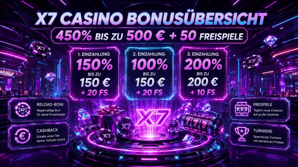 X7 Casino Bonusübersicht mit Willkommensbonus, Freispiele, Cashback und Reload-Boni
