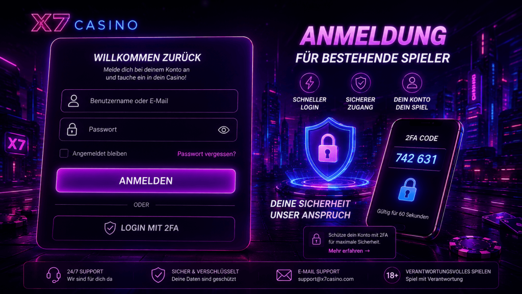 X7 Casino Login für bestehende Spieler mit Passwort und Zwei-Faktor-Authentifizierung