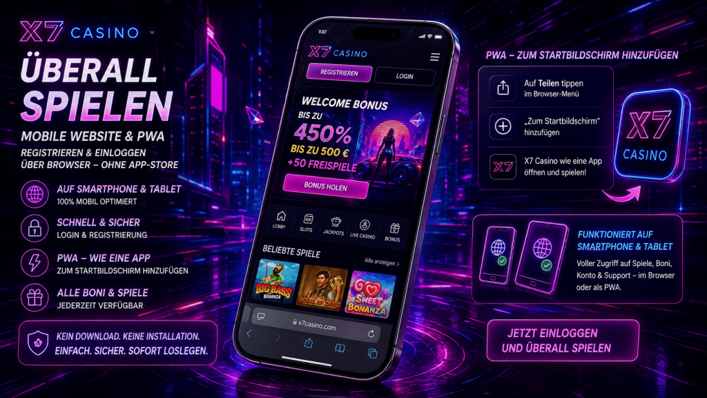 X7 Casino mobil registrieren und einloggen über Browser oder PWA auf dem Smartphone