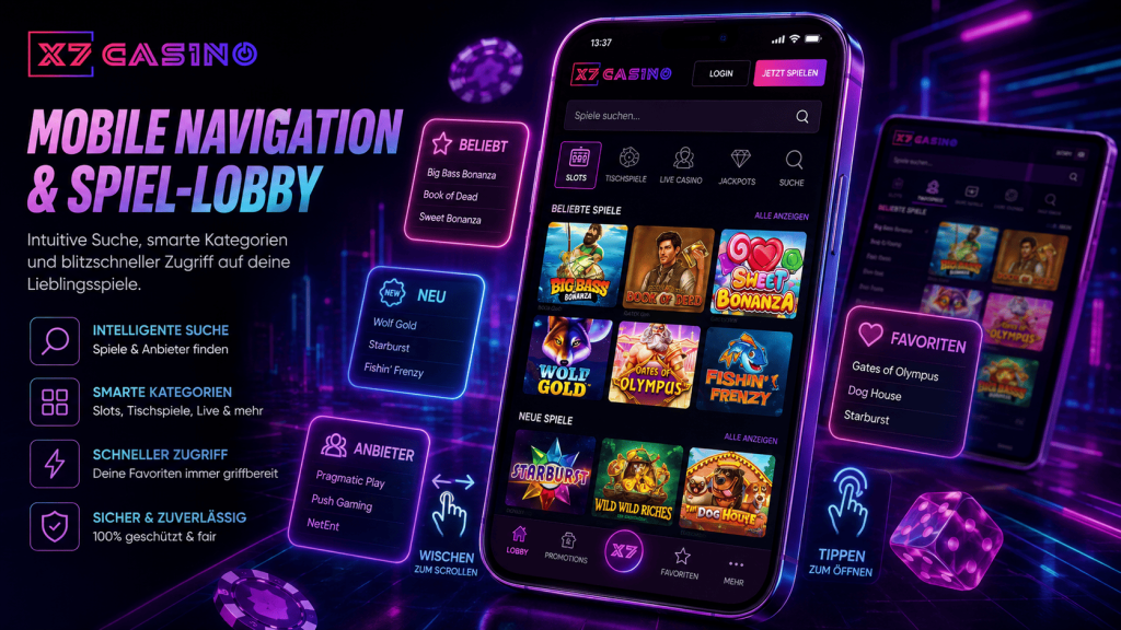 X7 Casino mobile Spiel-Lobby mit Slots, Suche, Kategorien und Favoriten