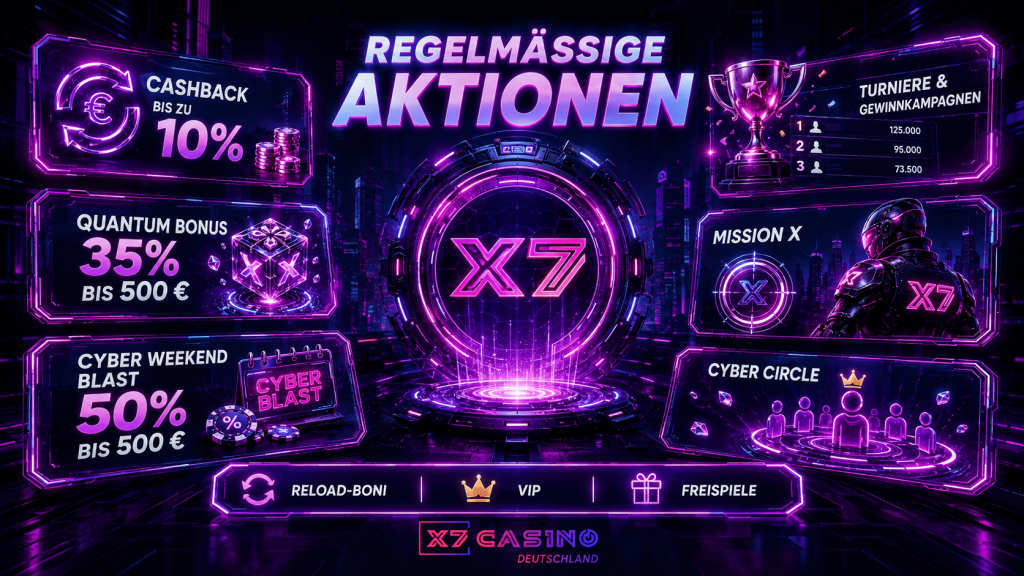 X7 Casino regelmäßige Aktionen mit Cashback, Reload-Boni, Turnieren, Mission X und Cyber Circle
